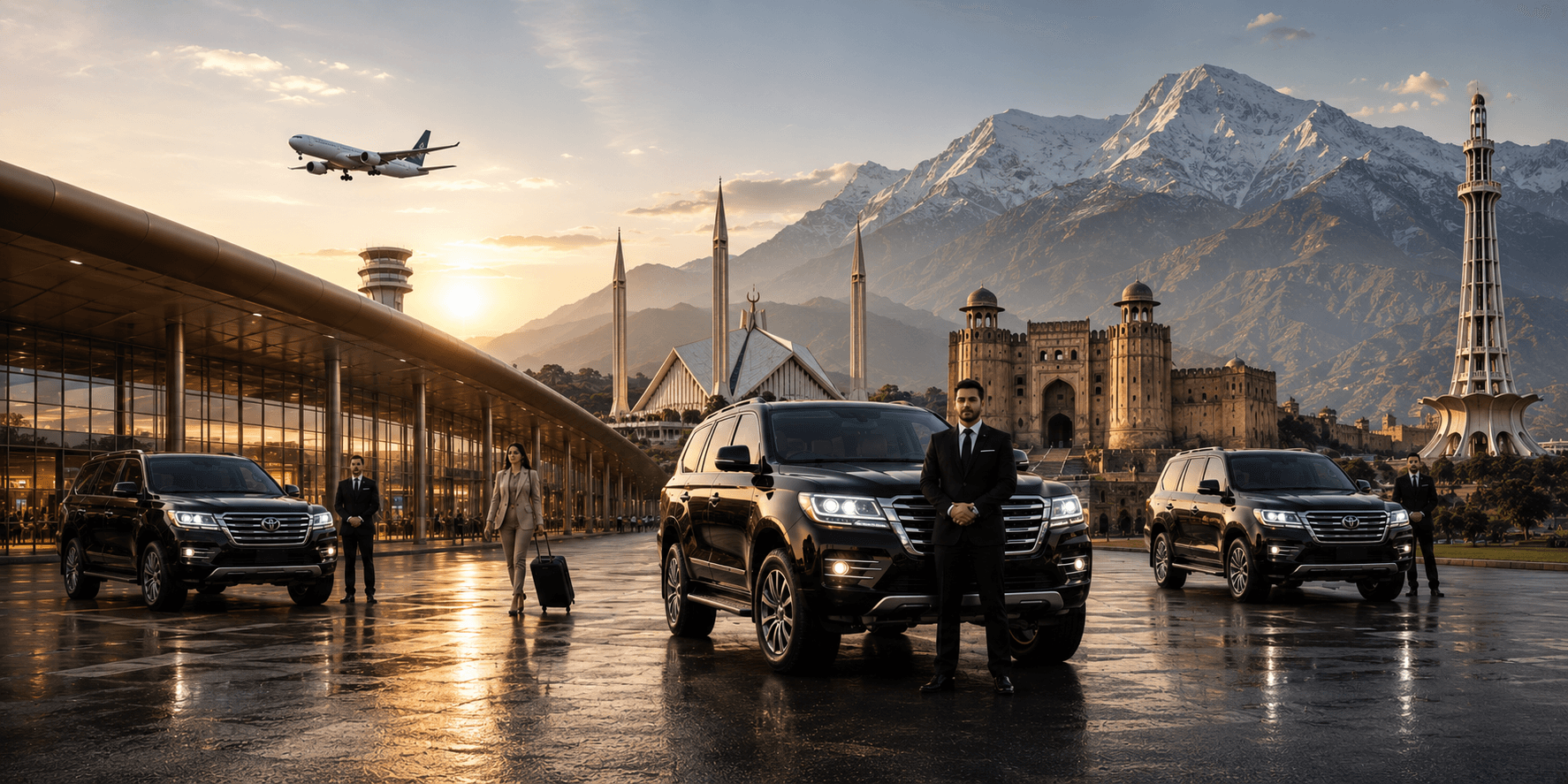 Professional chauffeurs in suits standing beside luxury SUVs at sunset
