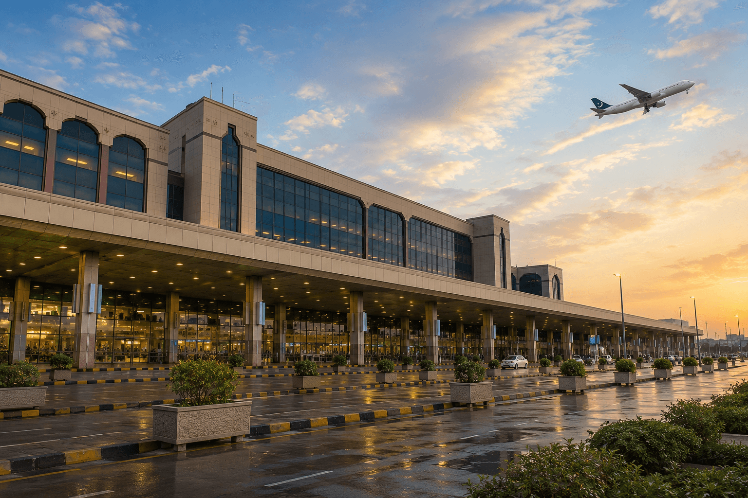 Allama Iqbal International Airport terminal with professional airport transfer service at sunset