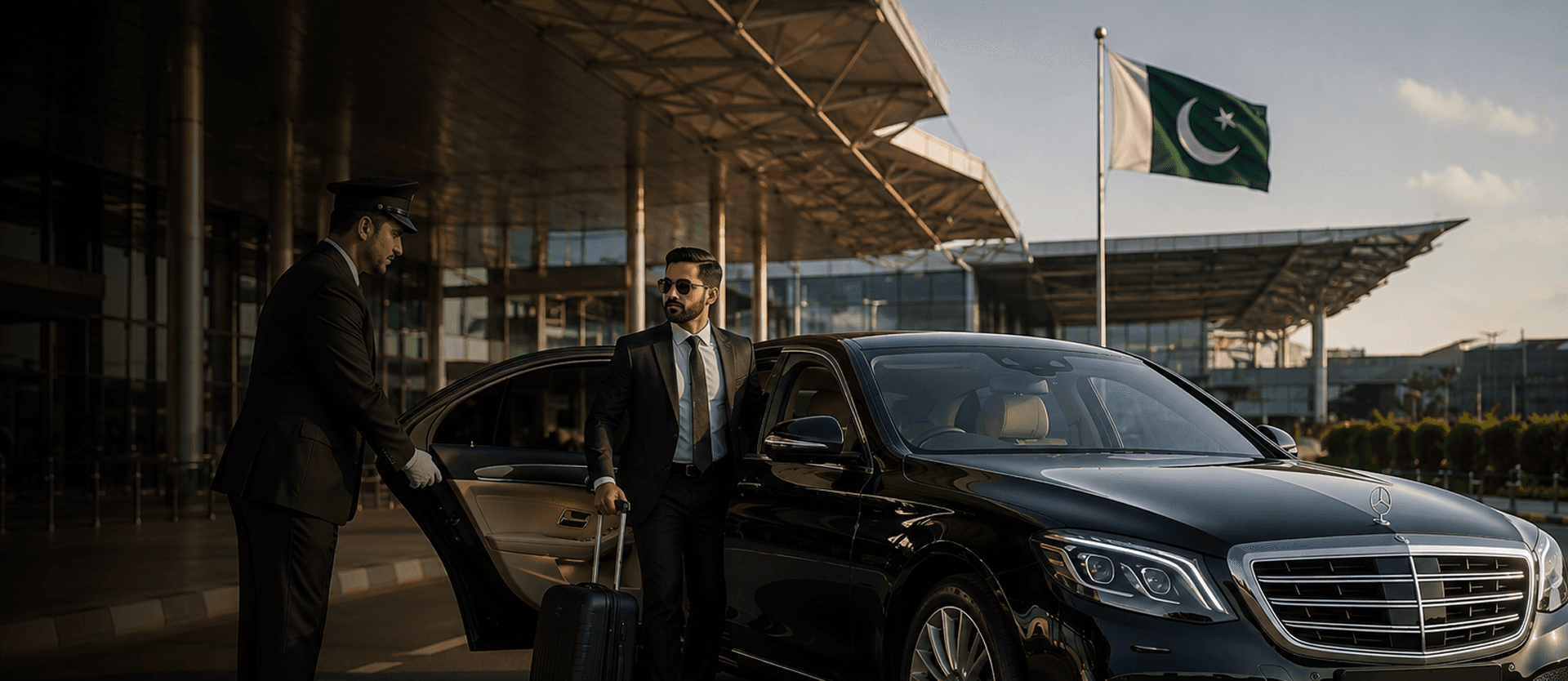 Chauffeur opening a luxury sedan for airline crew at a Pakistani airport terminal