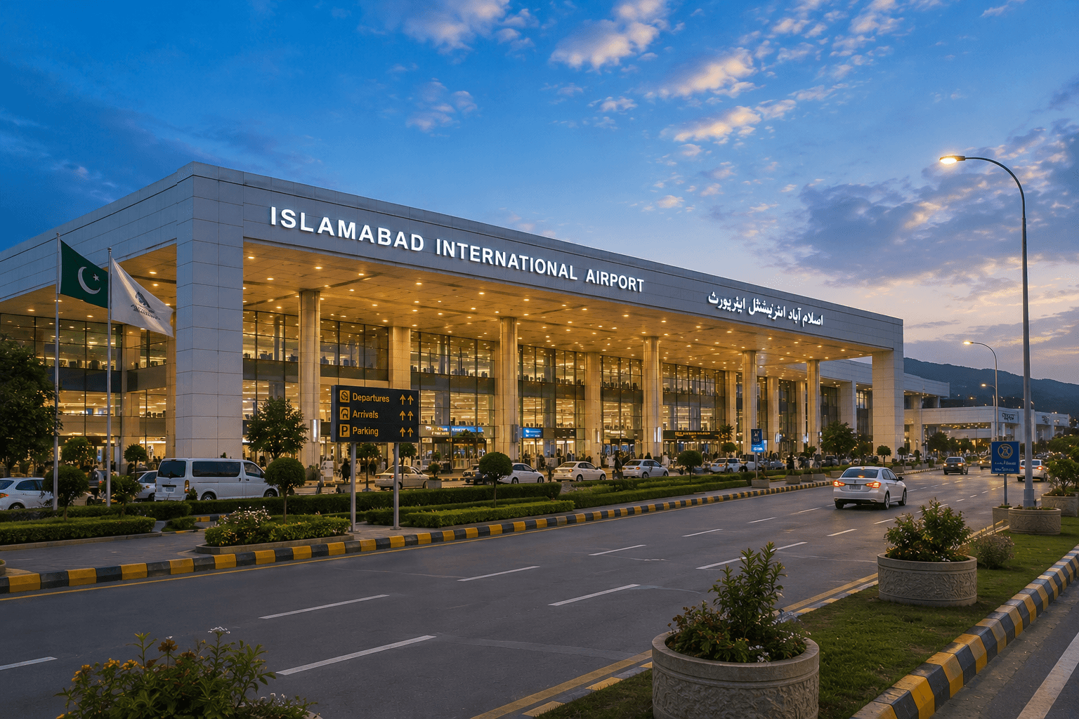 Terminal del Aeropuerto Internacional de Islamabad con servicio profesional de traslado al atardecer