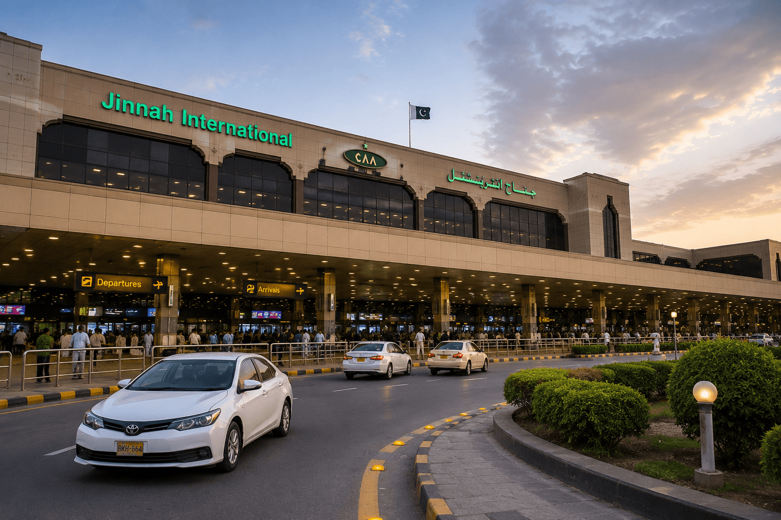 Jinnah International Airport terminal in Karachi with professional airport transfer service at dusk