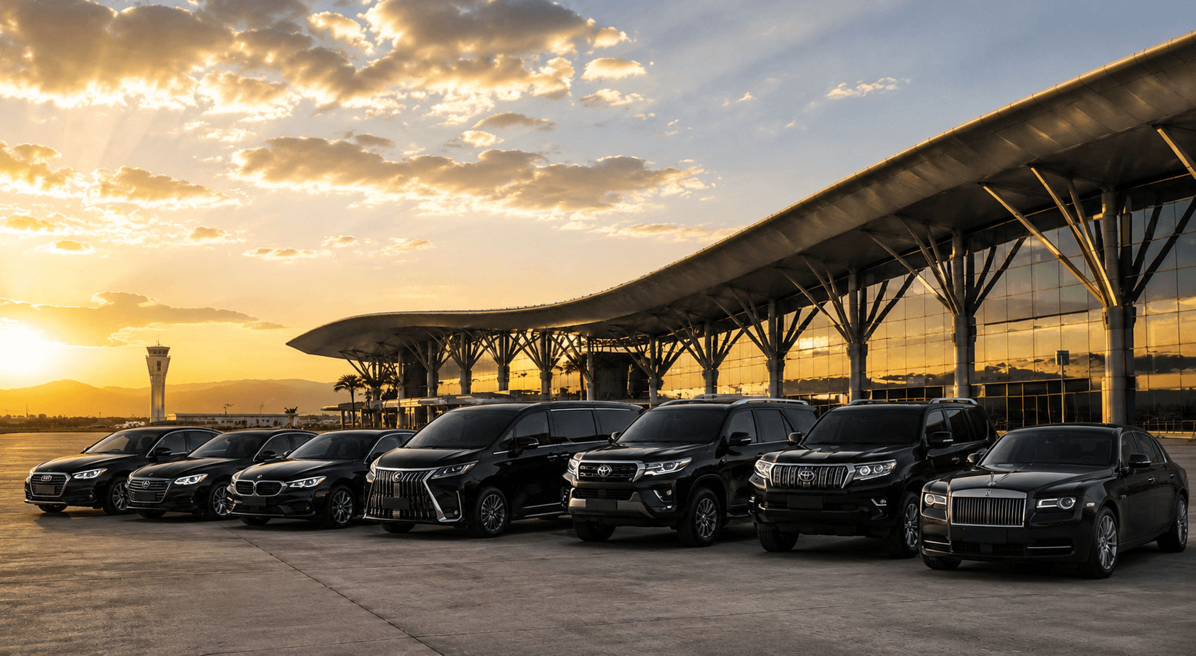 Flotte de luxe de berlines et SUV noirs devant un terminal d'aéroport moderne au coucher du soleil