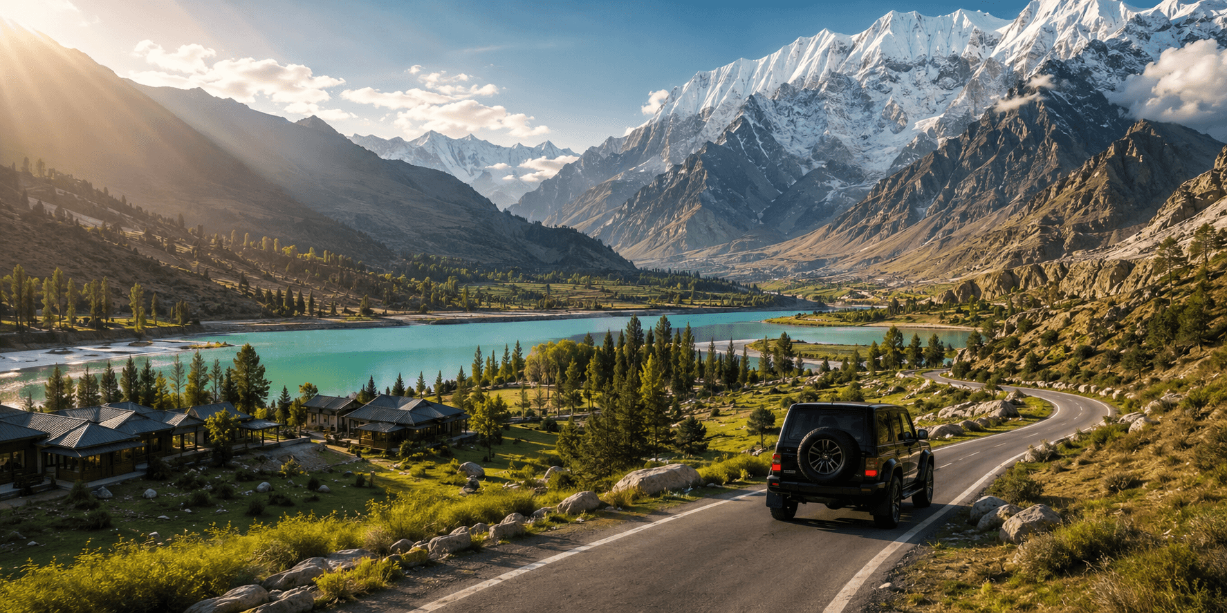 SUV noir sur une route de montagne pittoresque au bord d'un lac turquoise au nord du Pakistan