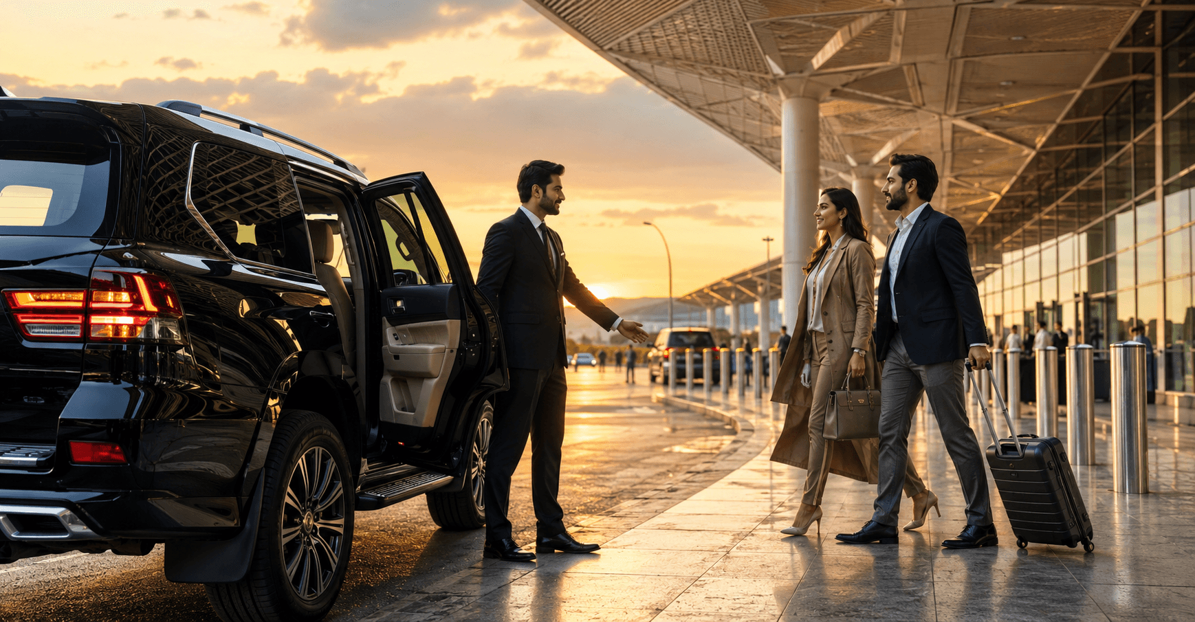Professional chauffeur opening a luxury SUV door at the airport for business travelers