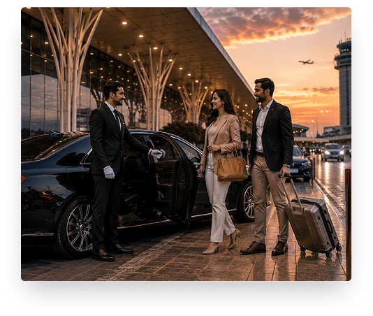 Chauffeur assisting travelers with luggage at a Pakistani airport at sunset